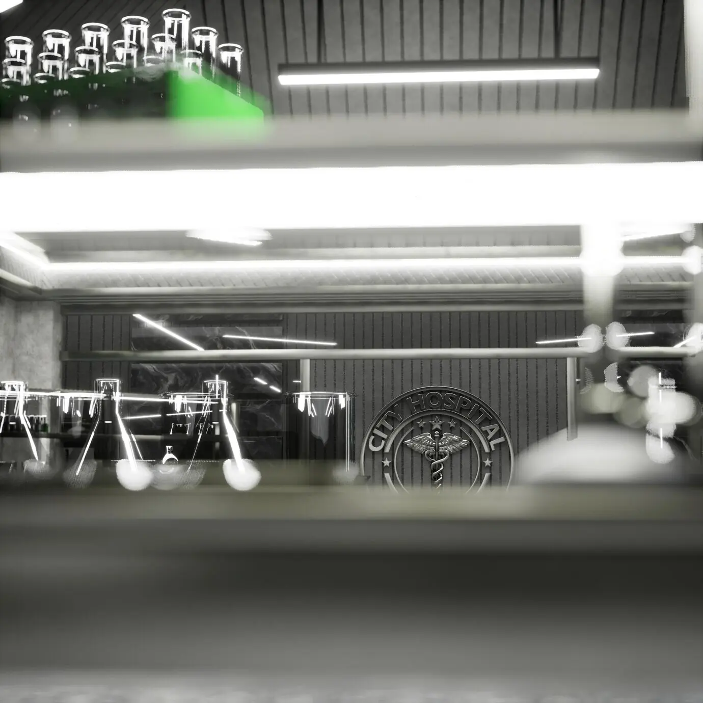 Футуристическая лаборатория с индустриальной архитектурой, оснащённая шкафами для хранения.