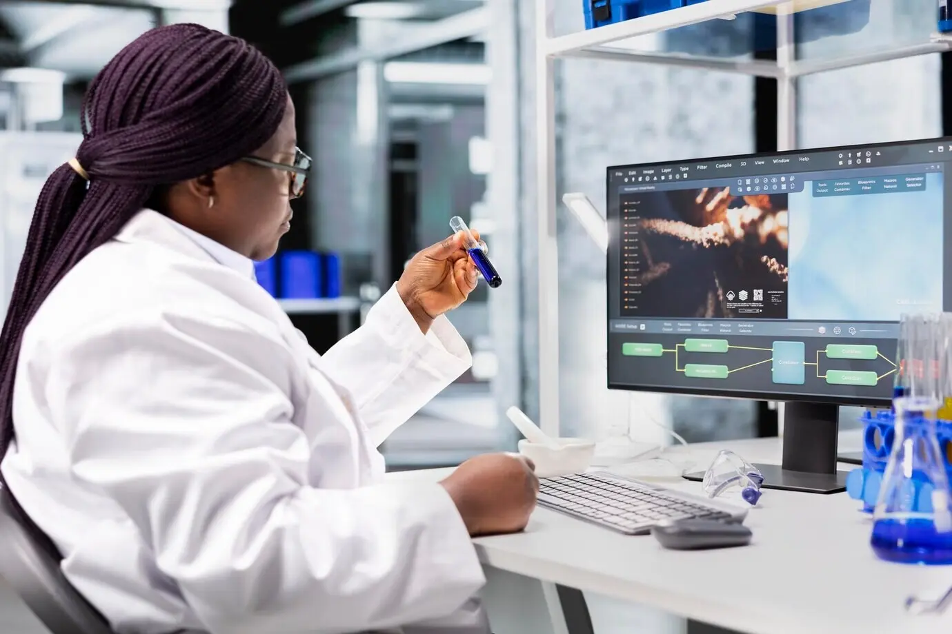 Чернокожая исследовательница изучает соединение в банке для лабораторного биохимического эксперимента.