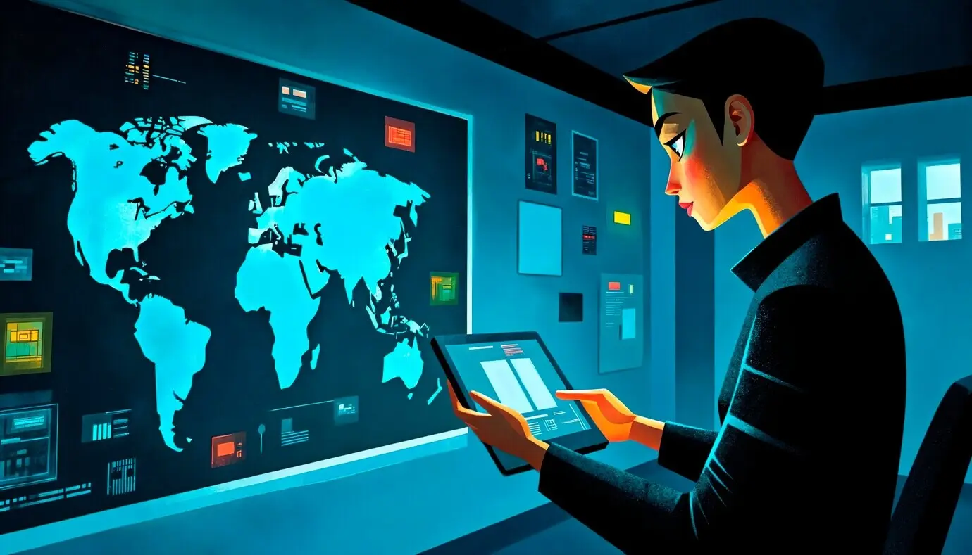 Специалист по кибербезопасности, анализирующий глобальные данные на цифровом планшете