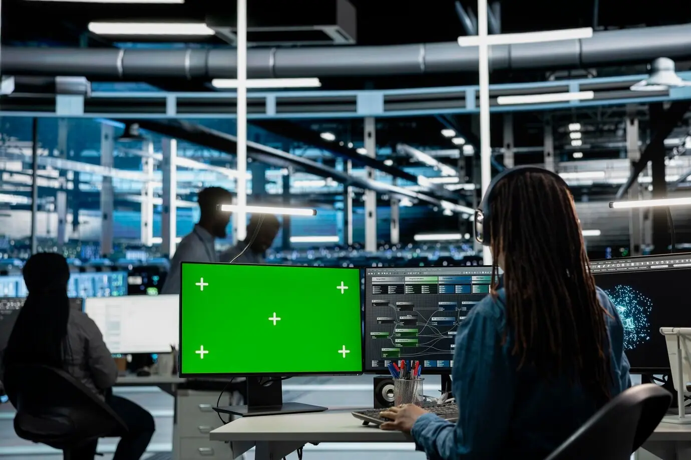 ИТ-специалист в серверном хабе использует макетный ПК, чтобы исправить ошибки, замедляющие оборудование.