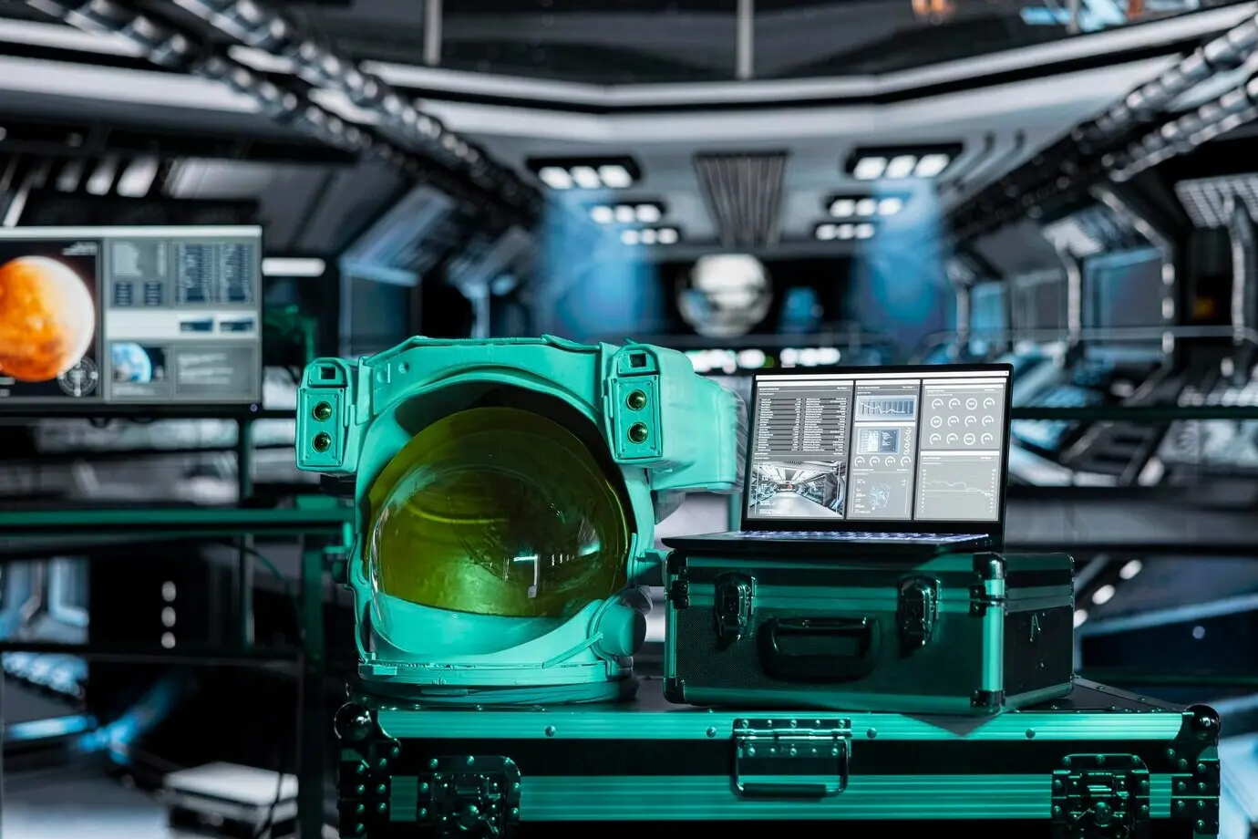 Космический шлем рядом с ноутбуком в космическом корабле, на экране которого отображаются основные показатели производительности.